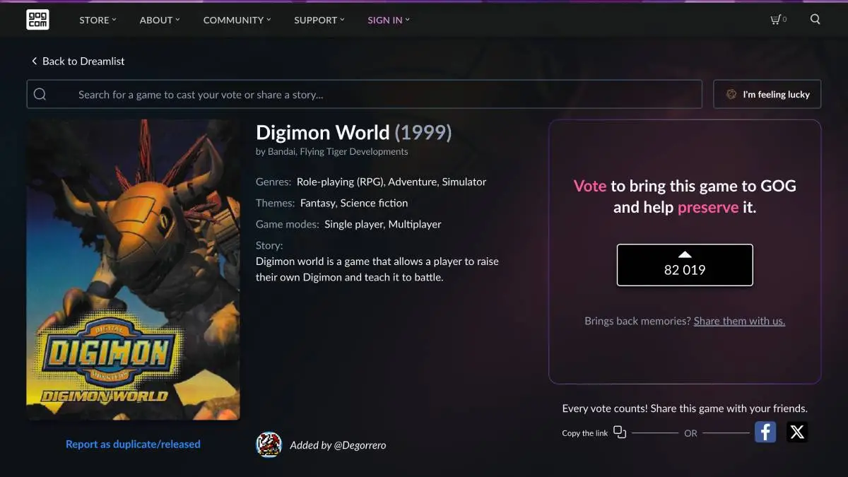 Fradulent Digimon World GOG Dreamlist PC Votes Removed