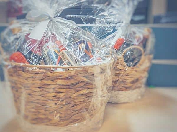Closeup of Christmas hampers with cellophane