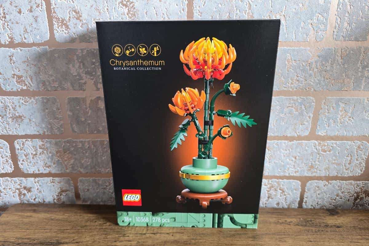 The LEGO Chrysanthemum Botanical Collection set box sits elegantly against a brick wall, making it a perfect choice for your Mother’s Day gift guide.