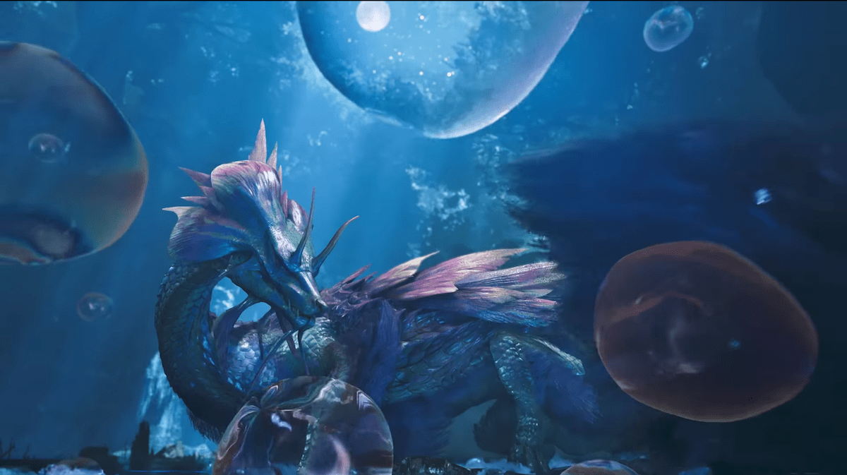 Mizutsune in the Scarlet Forest, surrounded by its bubbles, as part of the Title Update Showcase