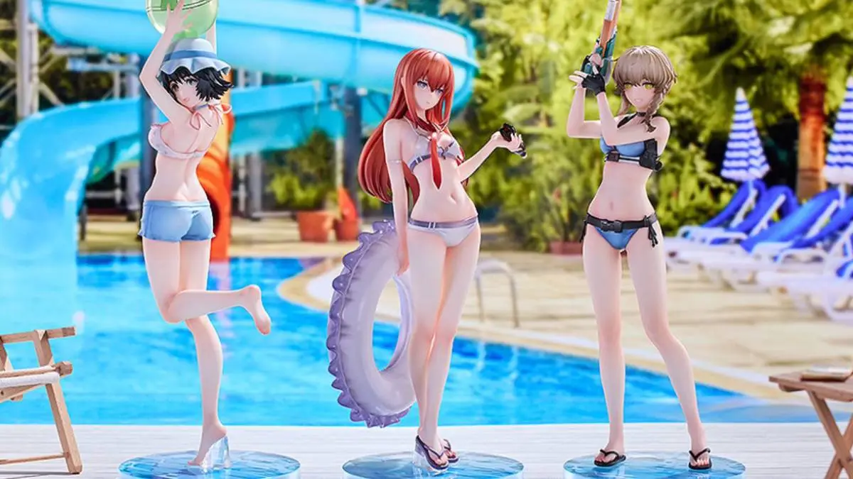 Kurisu, Mayuri, and Suzuha wear swimsuits for three new Steins;Gate figures available alone or in a bundle together.