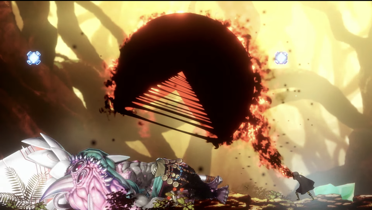 Protagonist of Shadow Labyrinth and Puck manifesting a dark Pac-Man Shape